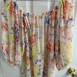 CAbi Watercolor Floral Off-Shoulder Top in Cream, Pink, Yellow & Blue